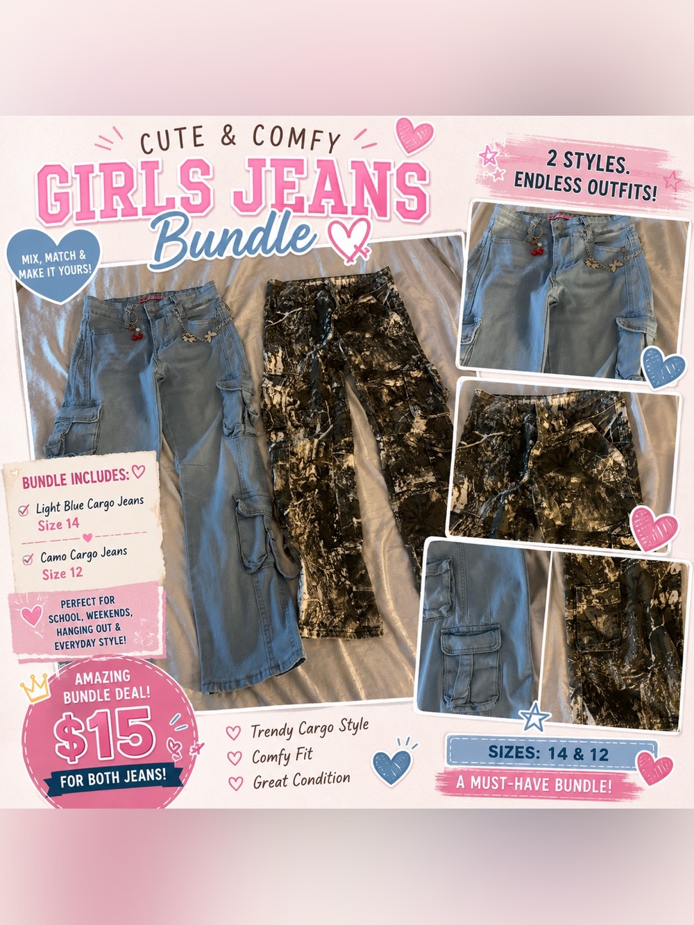 Girls Cargo Jeans Bundle โ Light Blue & Black Camo